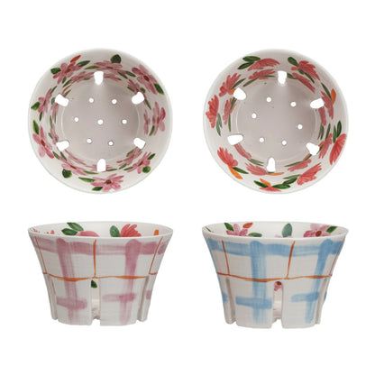 top and side views of ceramic berry bowl with plaid and floral designs