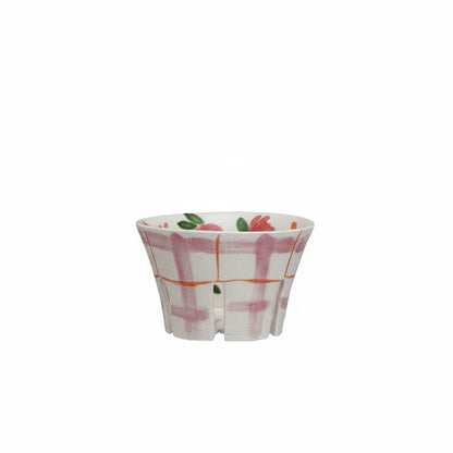 ceramic berry bowl with pink plaid exterior and pink floral interior
