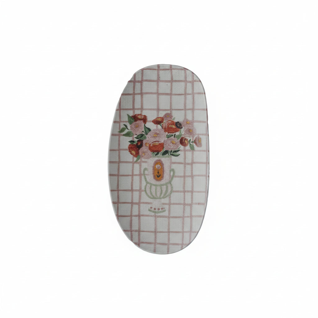 pink plaid platter painted with image of flower in a vase