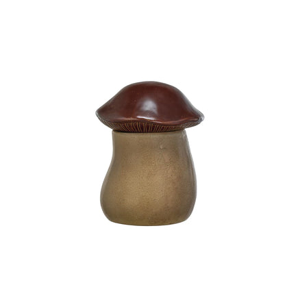 mushroom canister with light brown stem and dark brown cap.