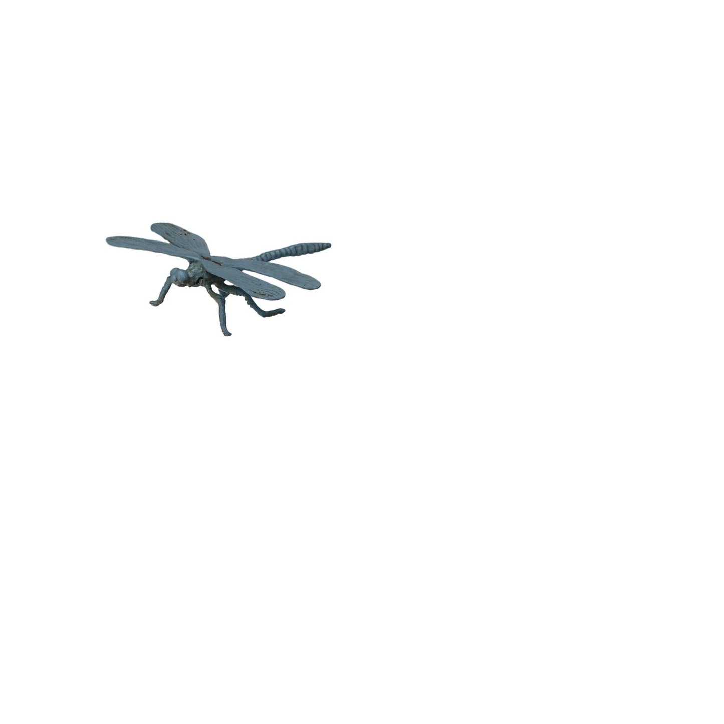 light blue metal dragonfly on a white background