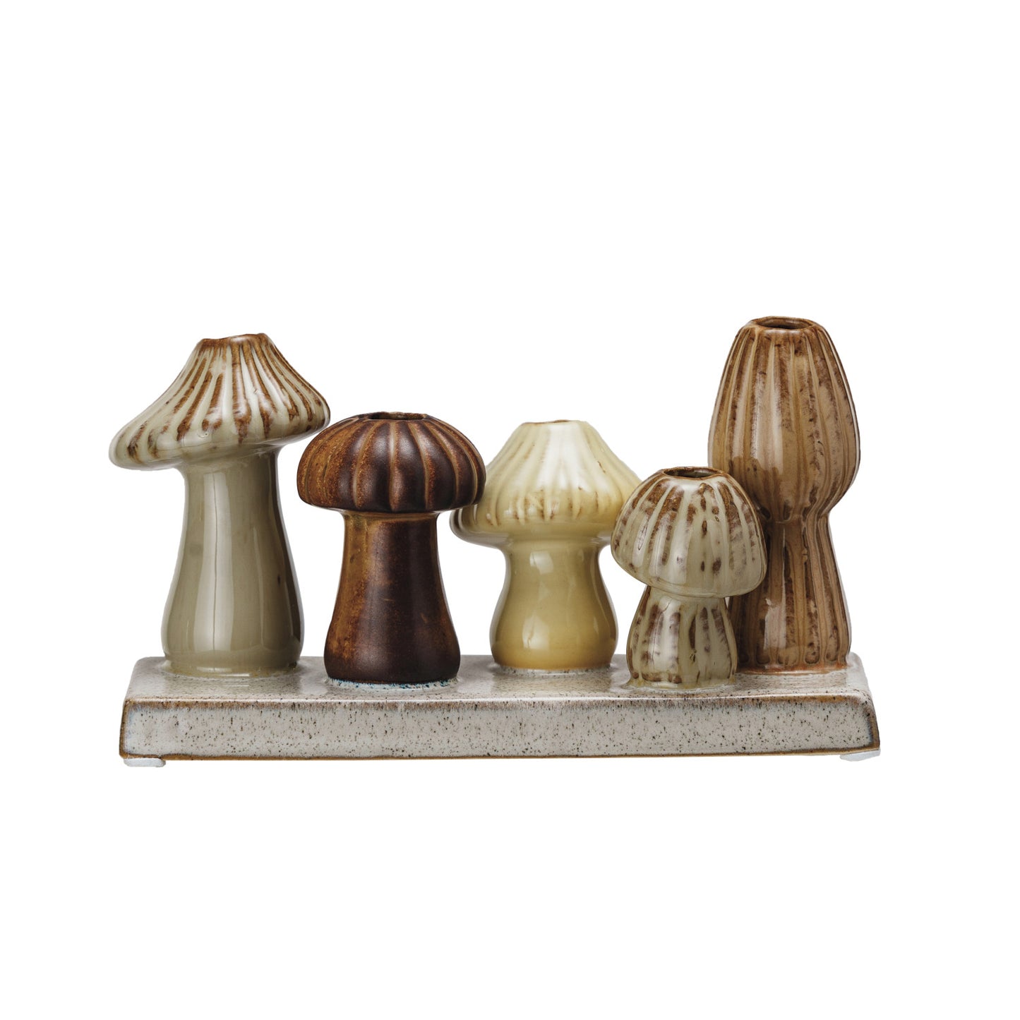 stoneware mushroom vases on a stoneware tray against a white background.