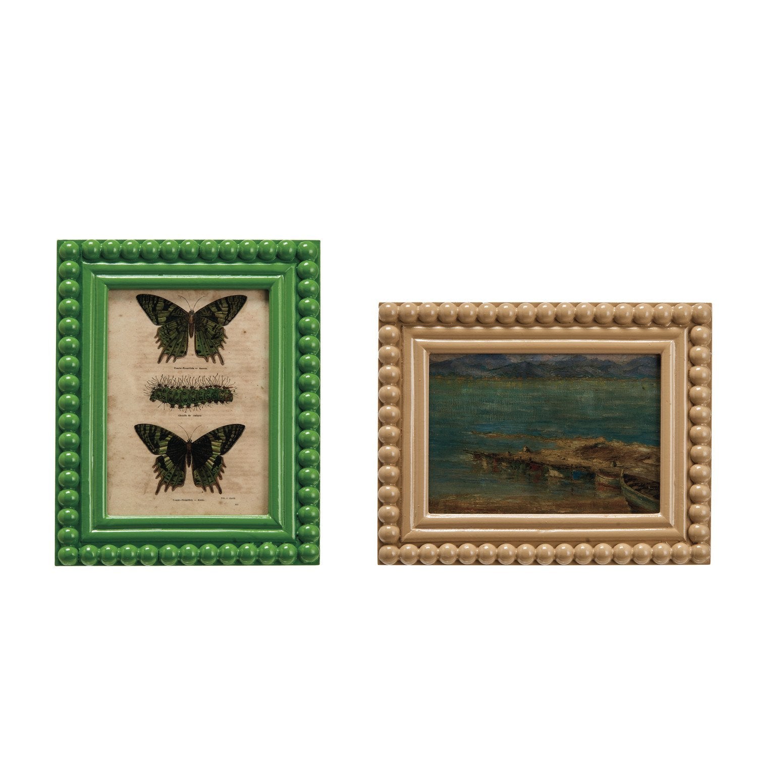 2 colors of Picture Frame with Vintage Reproduction Image, green frame has butterfly picture, taupe frame has coastal landscape image