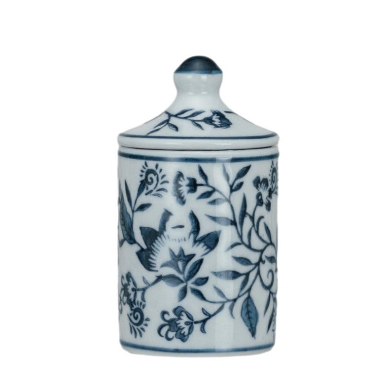 white jar with blue flowering vine pattern.