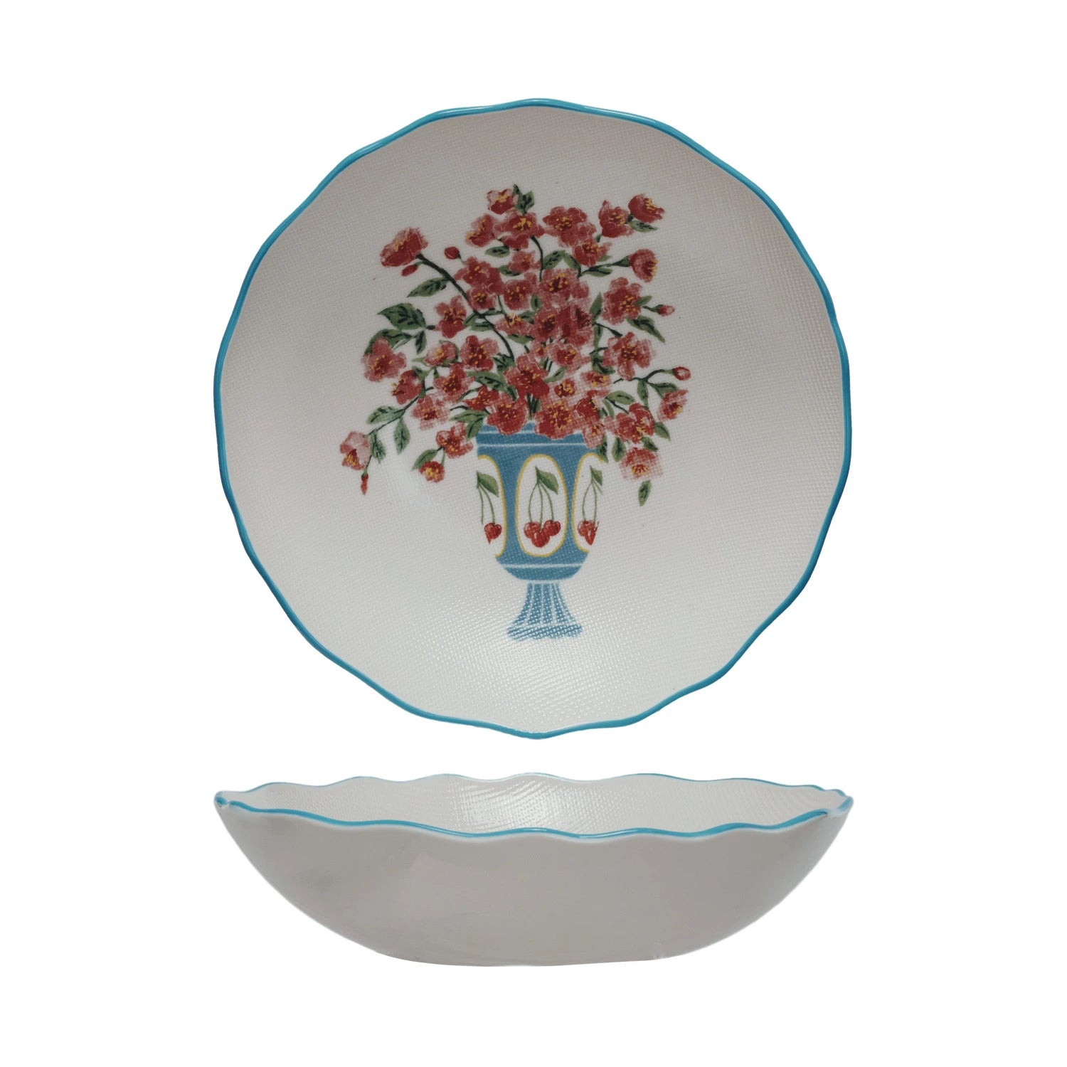 top of side views of bowl with floral design