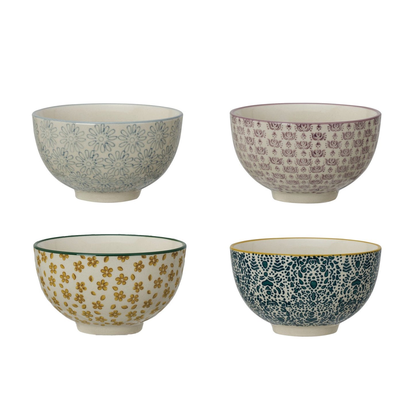 4 assorted small bowls with pastel designs shown on a white background