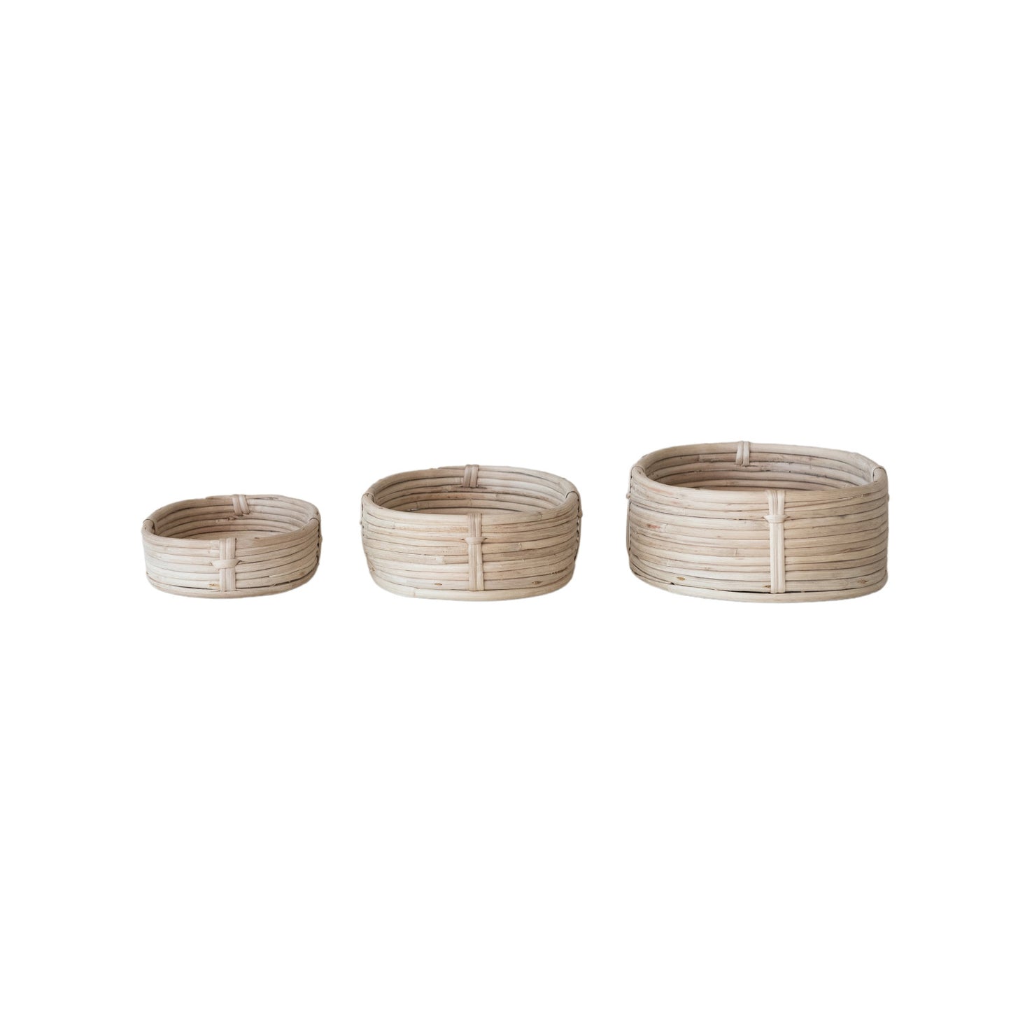 side view of 3 woven baskets in a row
