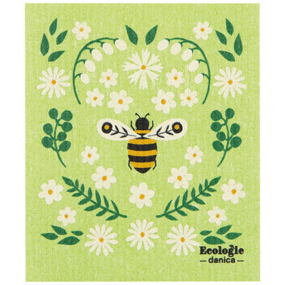 green dishcloth with flowers and a bee printed on it