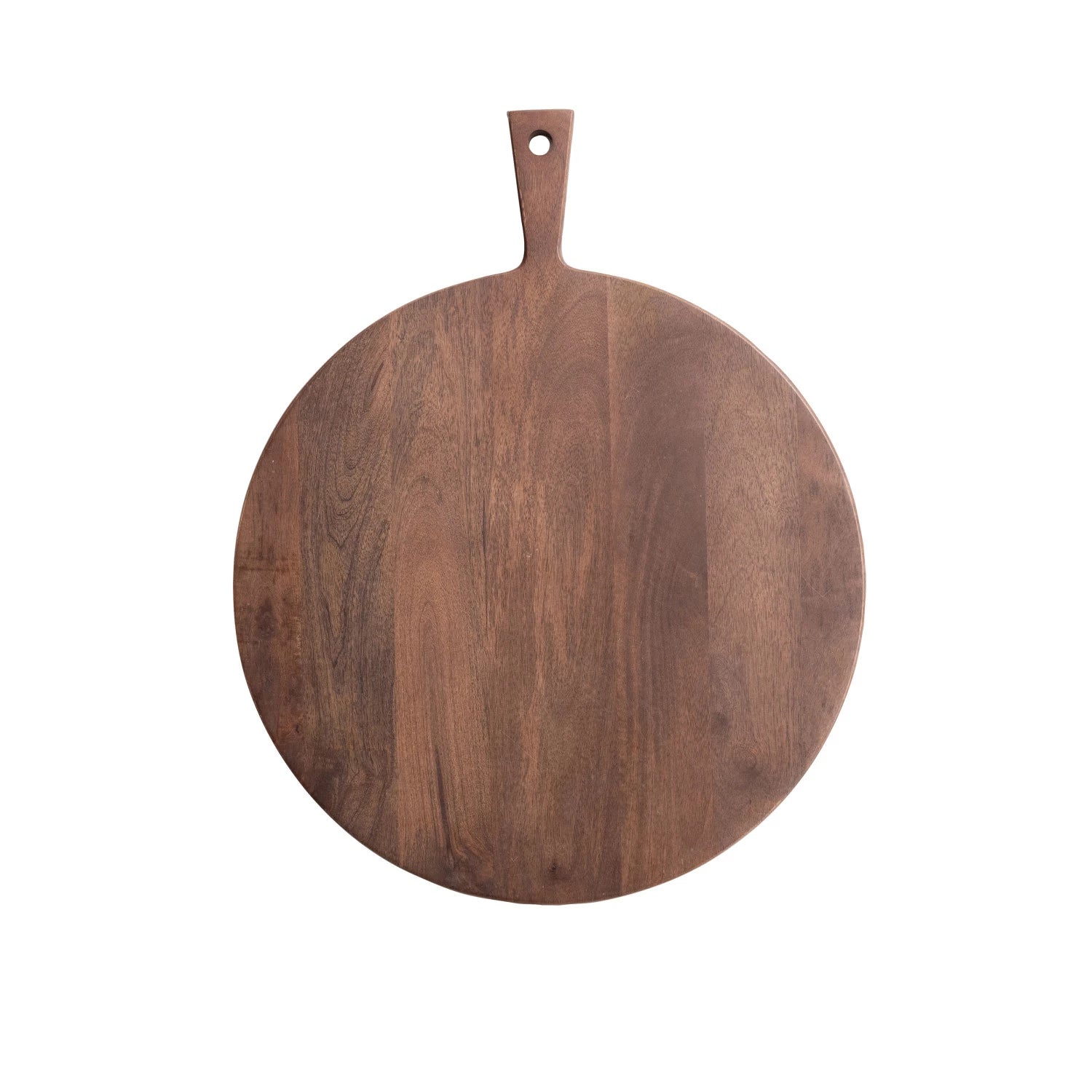 top view of round Wooden cutting board with handle on a white background