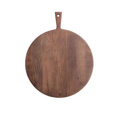 top view of round Wooden cutting board with handle on a white background