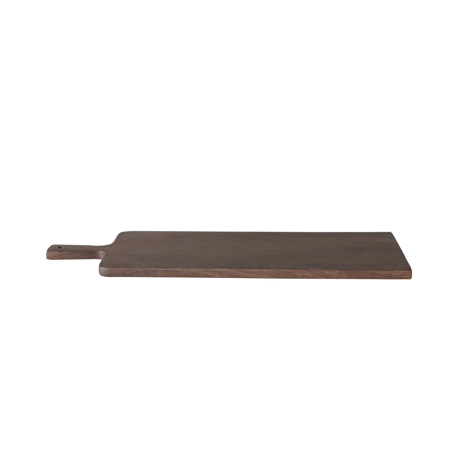side view of long rectangular Wooden cutting board with handle on a white background