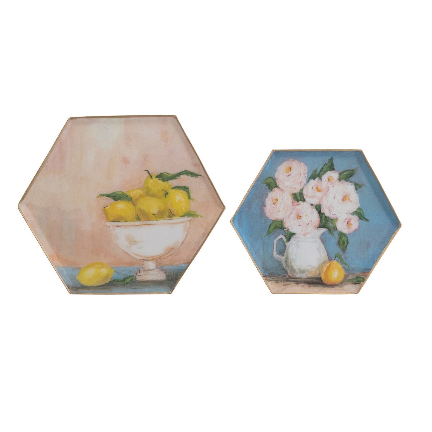 2 assorted Hexagon Enameled Metal Trays with Gold Edges shown on a white background
