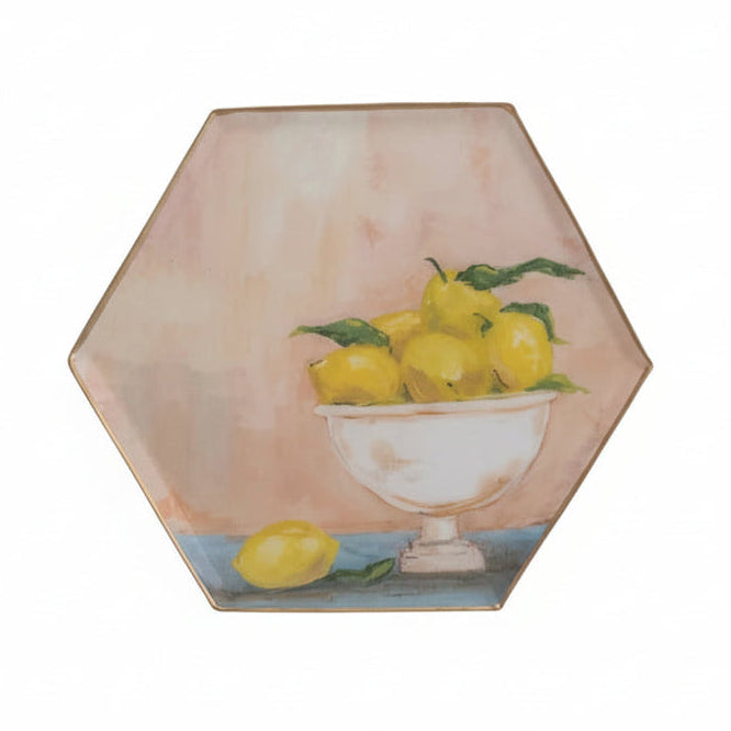 large pink metal tray with image of owl of lemons