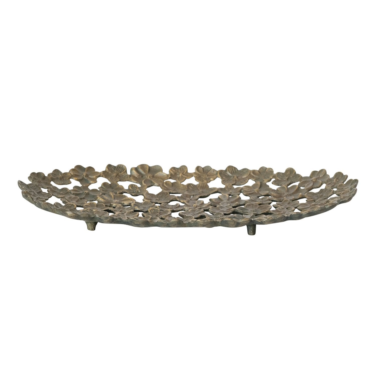 side view of the Antique Gold finish flower tray showing a slight curve and little metal feet