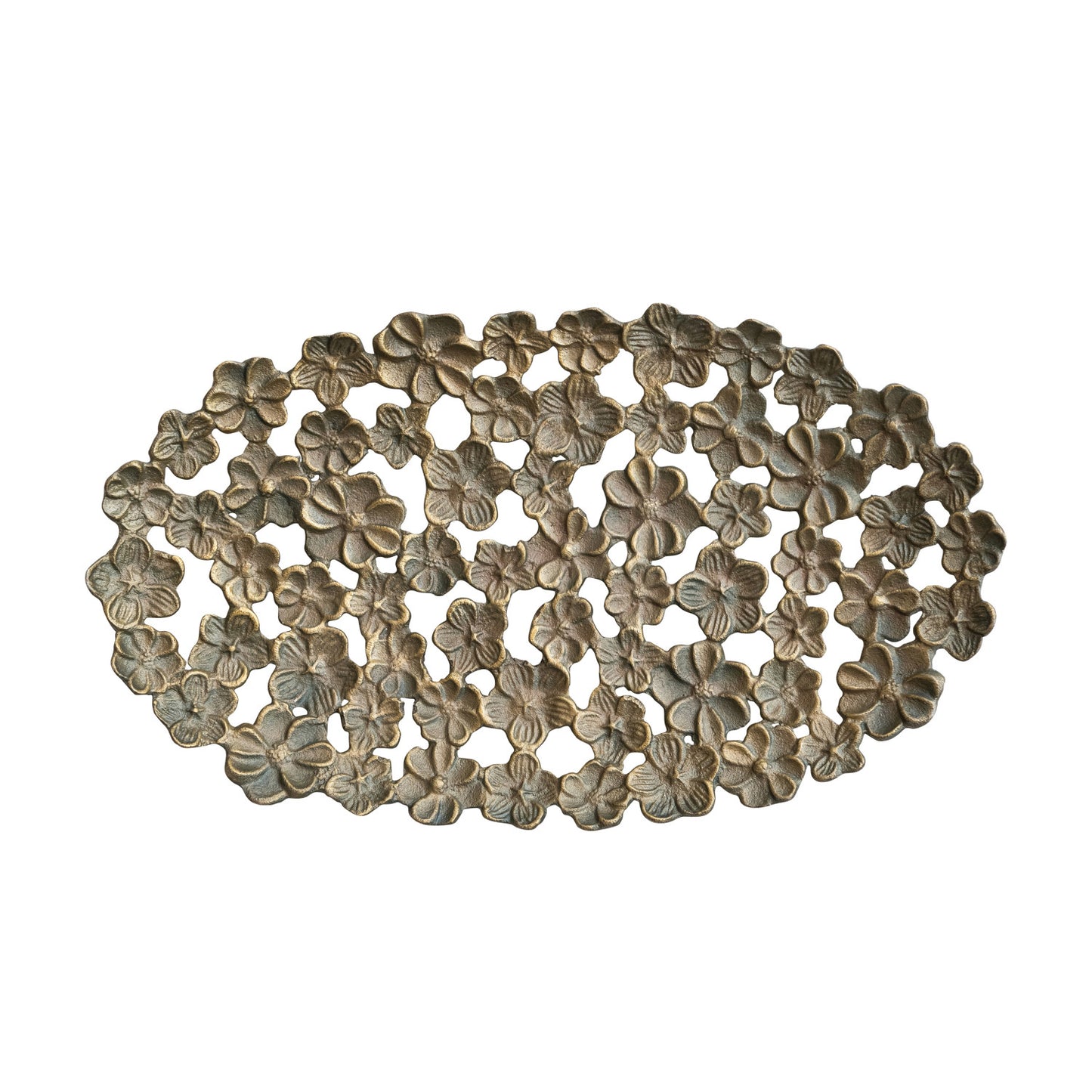 top view of the Antique Gold finish flower tray shown on a white background