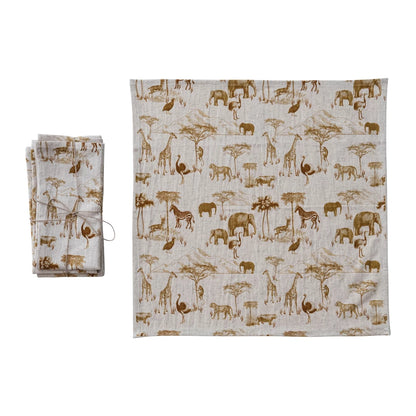 Cotton Linen Napkins with Animals Design laying flat with a set of napkins set next to it