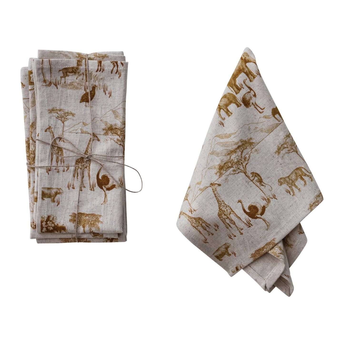 set of Cotton Linen Napkins with Animals Design tied together with twine and another napkin draped next to them