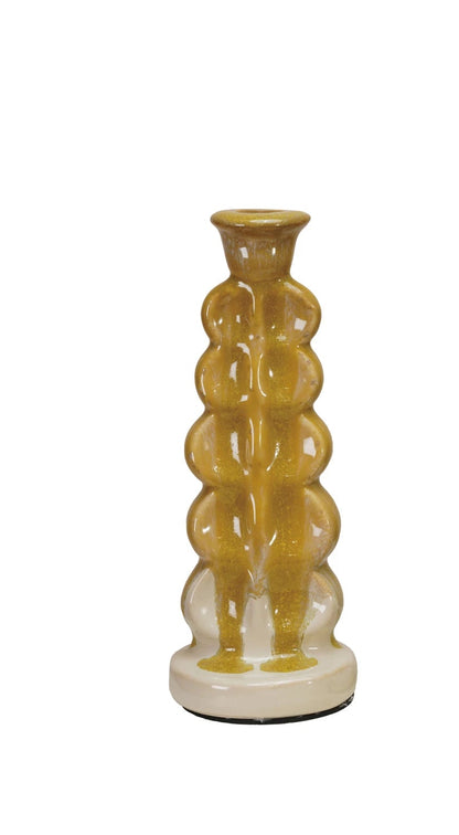 yellow Ceramic candle holder with a textured design on a white background