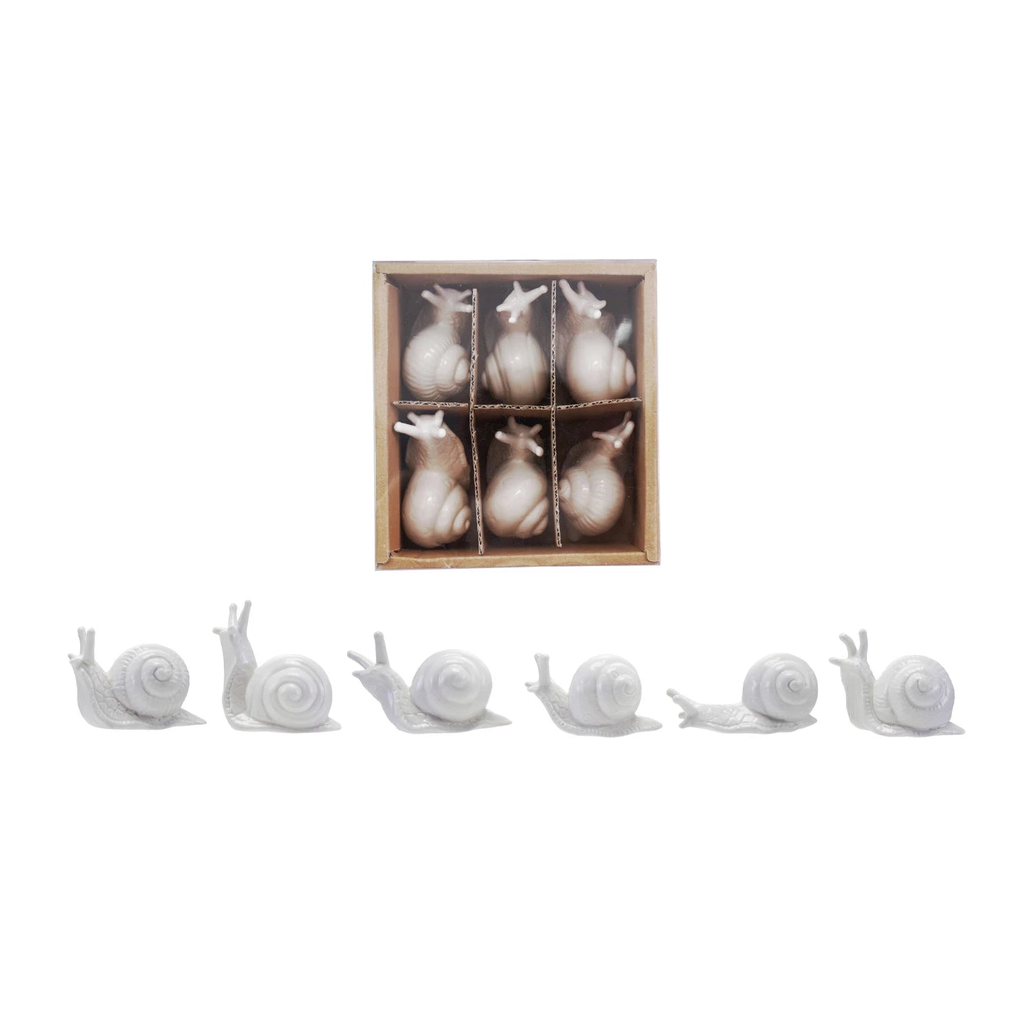 6 ceramic snails in a row with another 6 snails in a box, shown on a white background