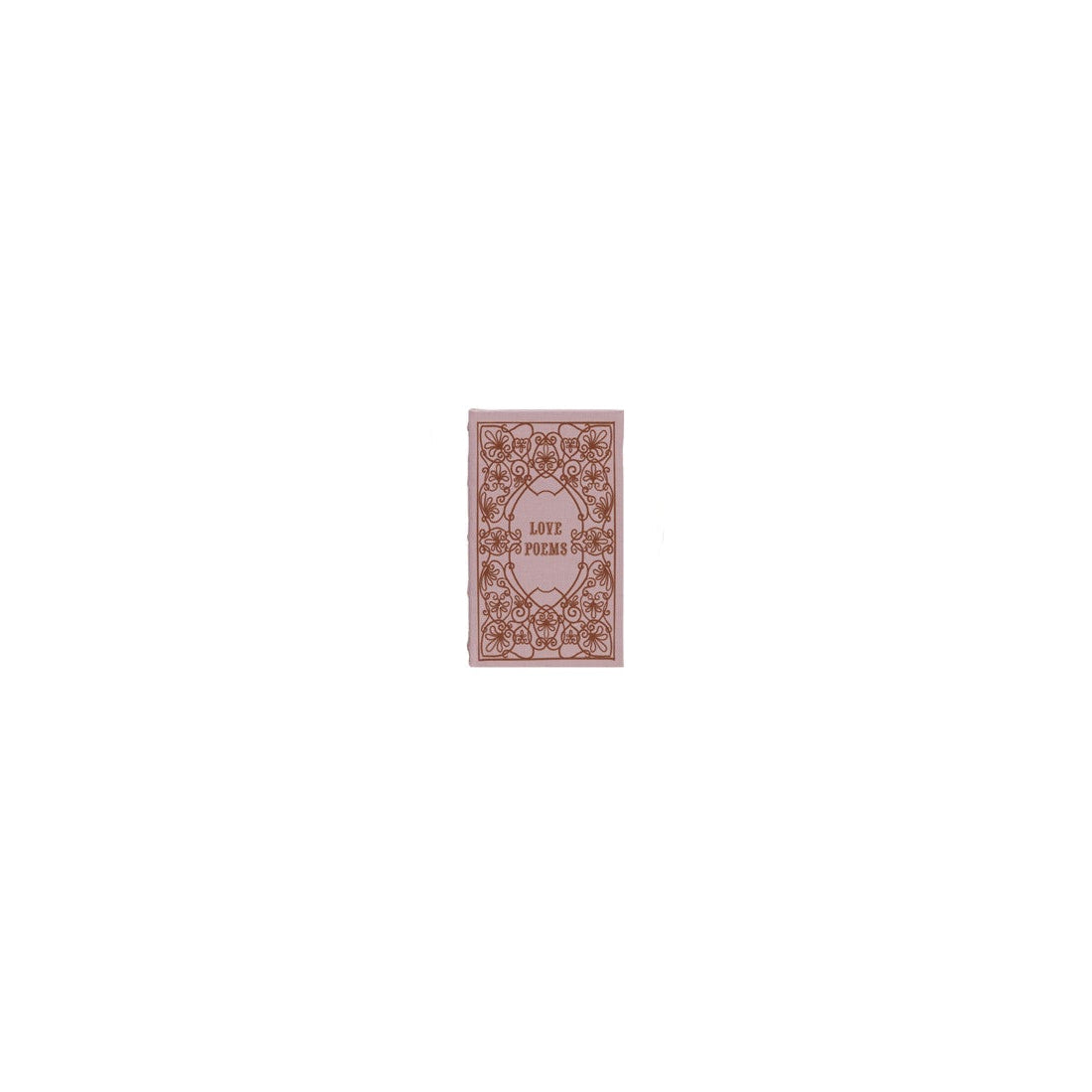 pink book box with title 'love poems' and scrolling artwork in maroon