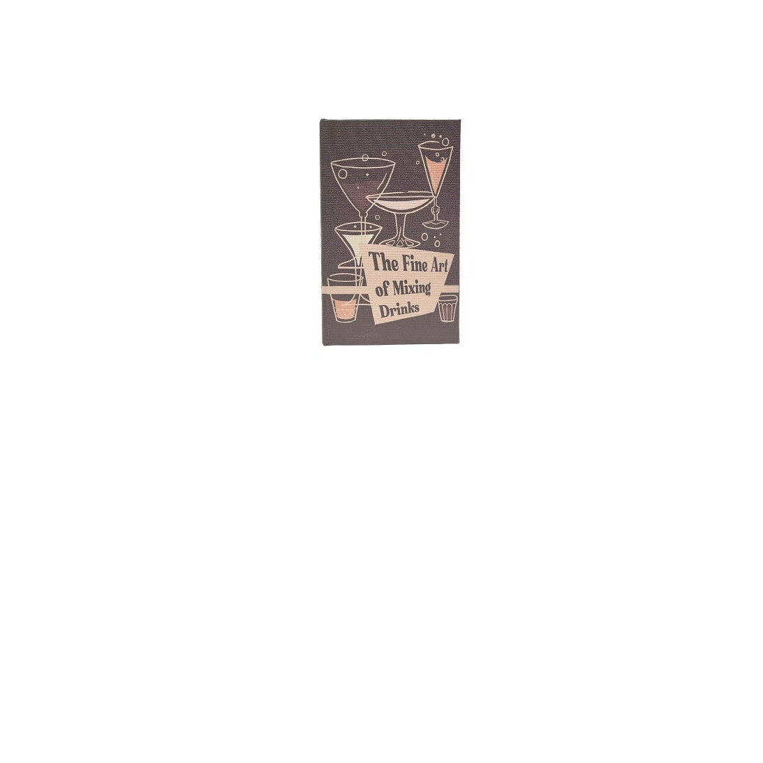 A rectangular book cover for 'The Fine Art of Mixing Drinks'  featuring a dark brown background with vintage cocktail illustrations and cream-colored text and graphics, shown against a plain white background.