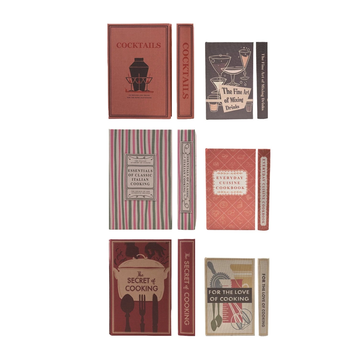 vintage-style cookbooks with different designs on a white background