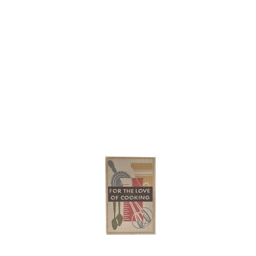 A rectangular book box with the title 'FOR THE LOVE OF COOKING' in white text on a dark band, featuring retro kitchen utensil illustrations in muted red, blue, beige, and brown tones, shown against a plain white background.