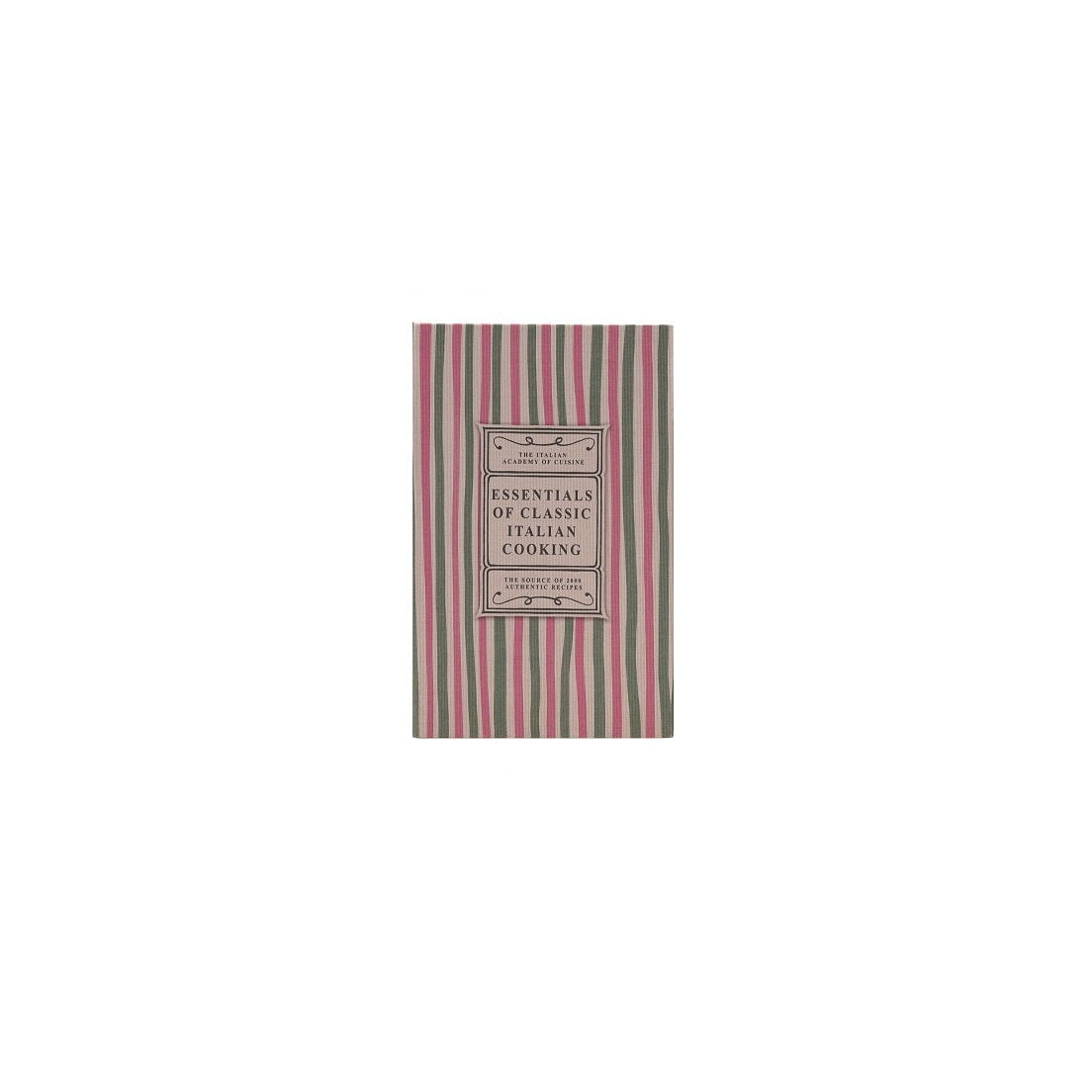 A book box titled 'Essentials of Classic Italian Cooking' with a vertical striped cover in pink, green, and white, centered on a plain white background.