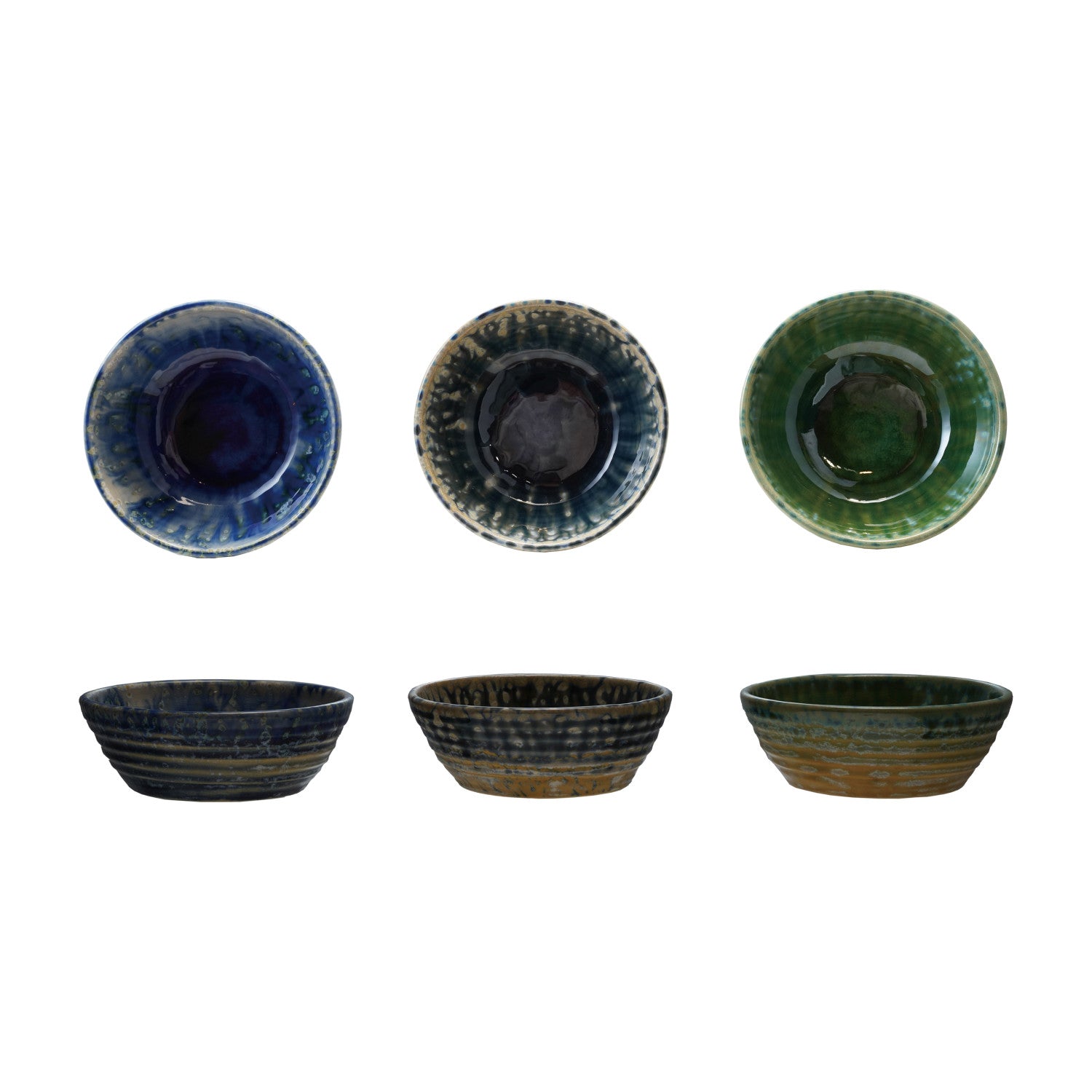 top and side views of ceramic bowls in various colors on a white background