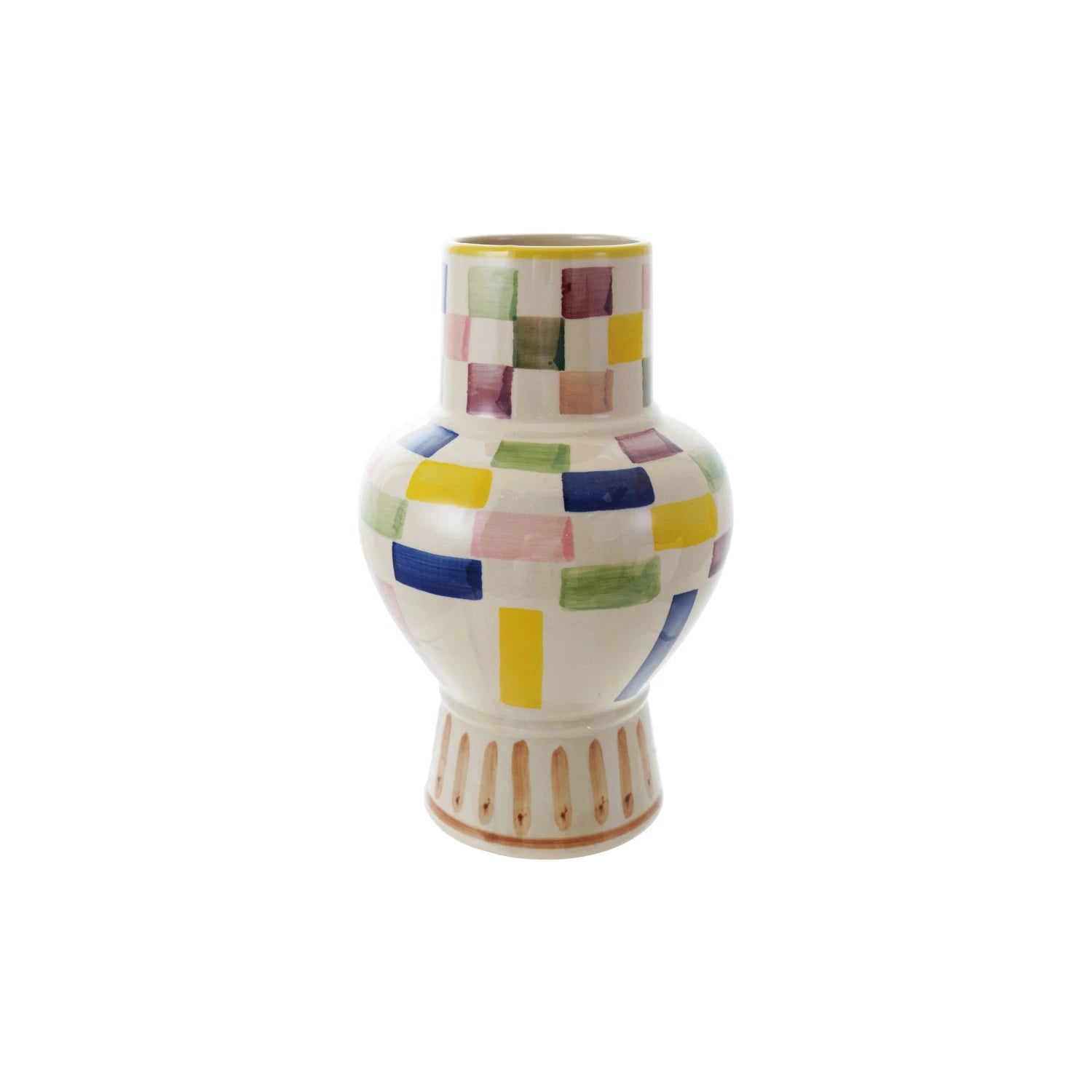 Decorative vase with multicolored checkered pattern on a white background