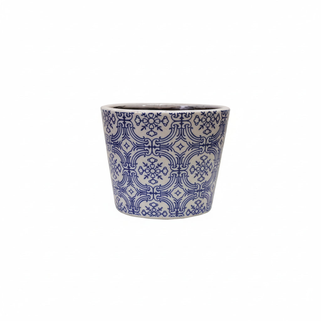 large blue and white pot shown on a white background