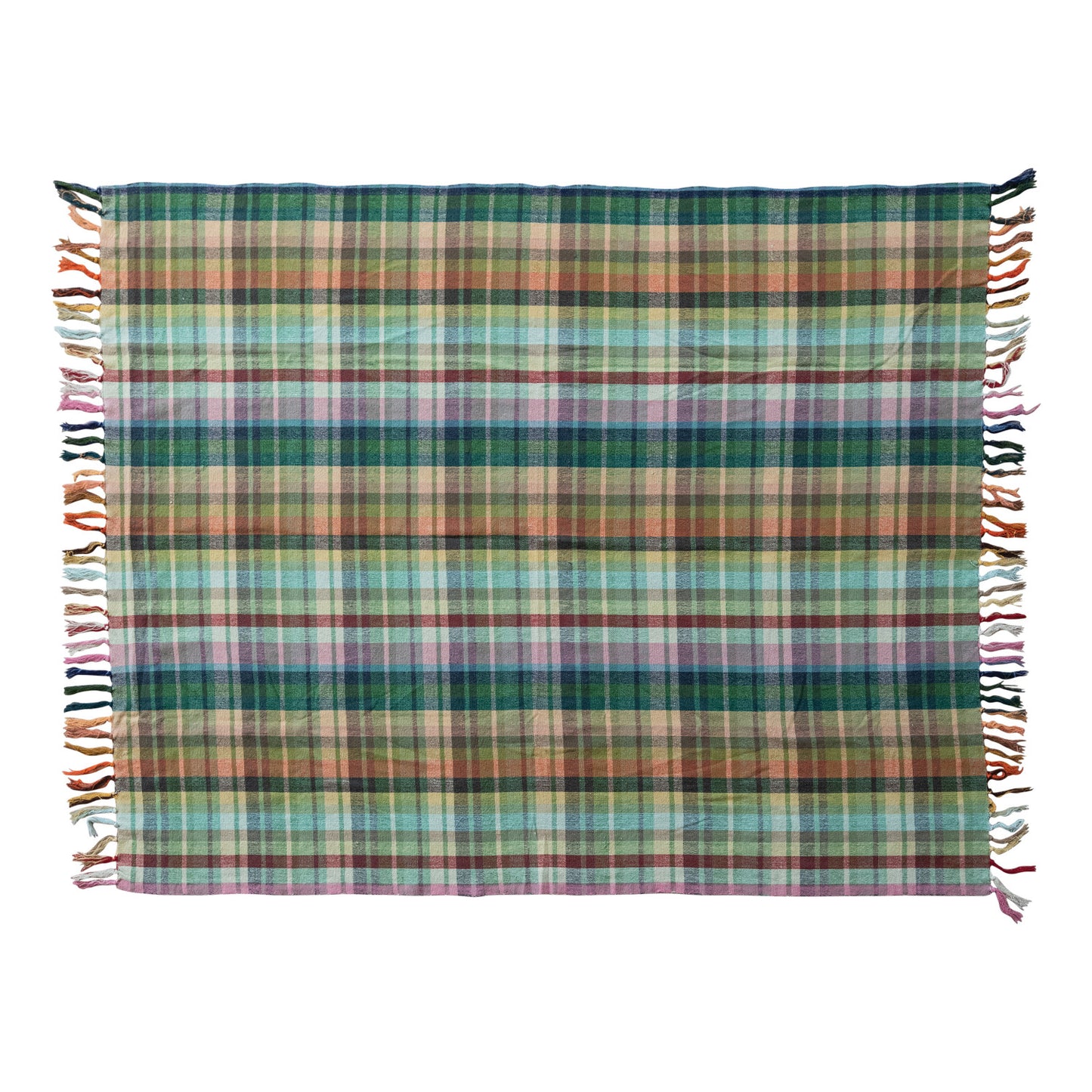 rainbow plaid throw blanket laying flat