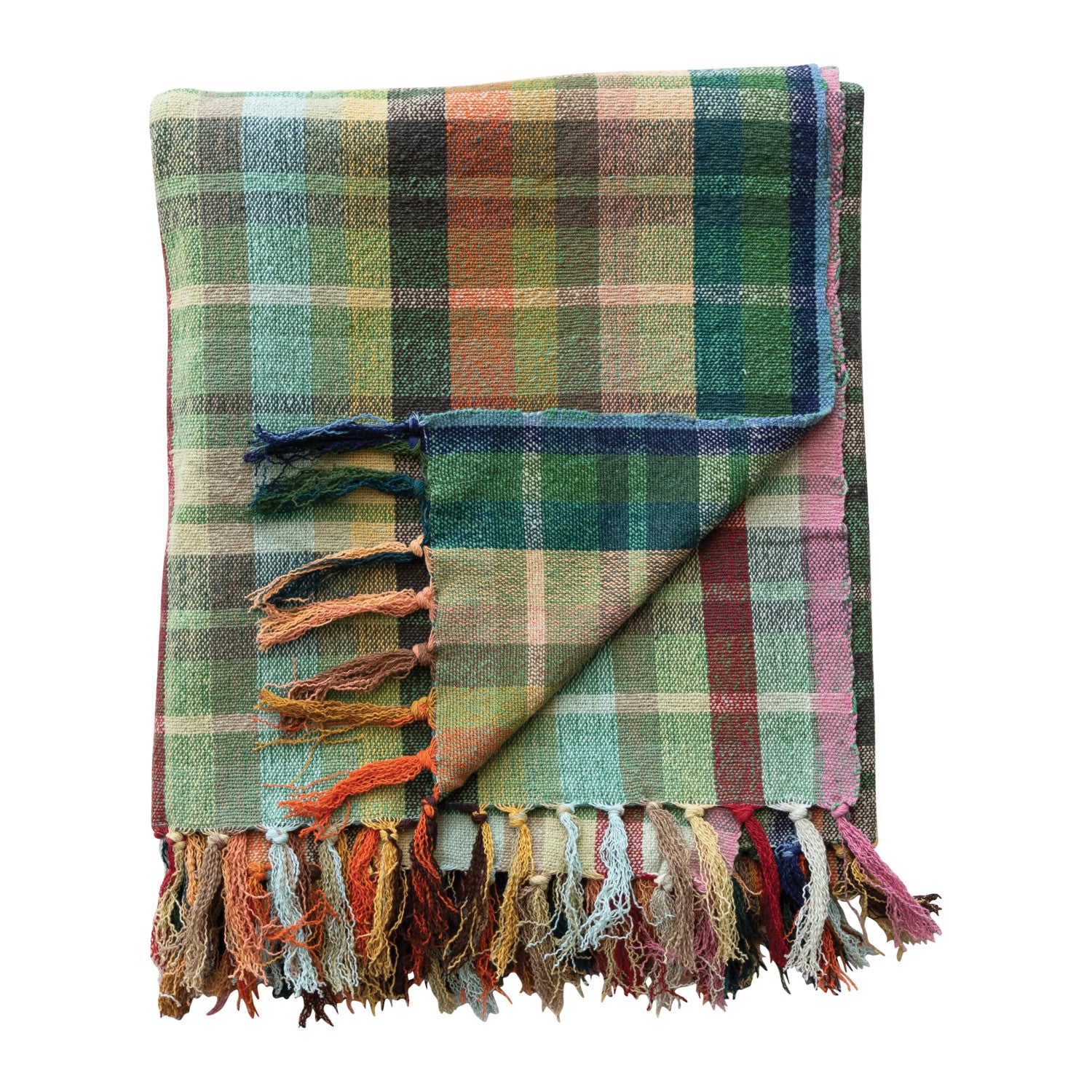 rainbow plaid throw blanket folded up