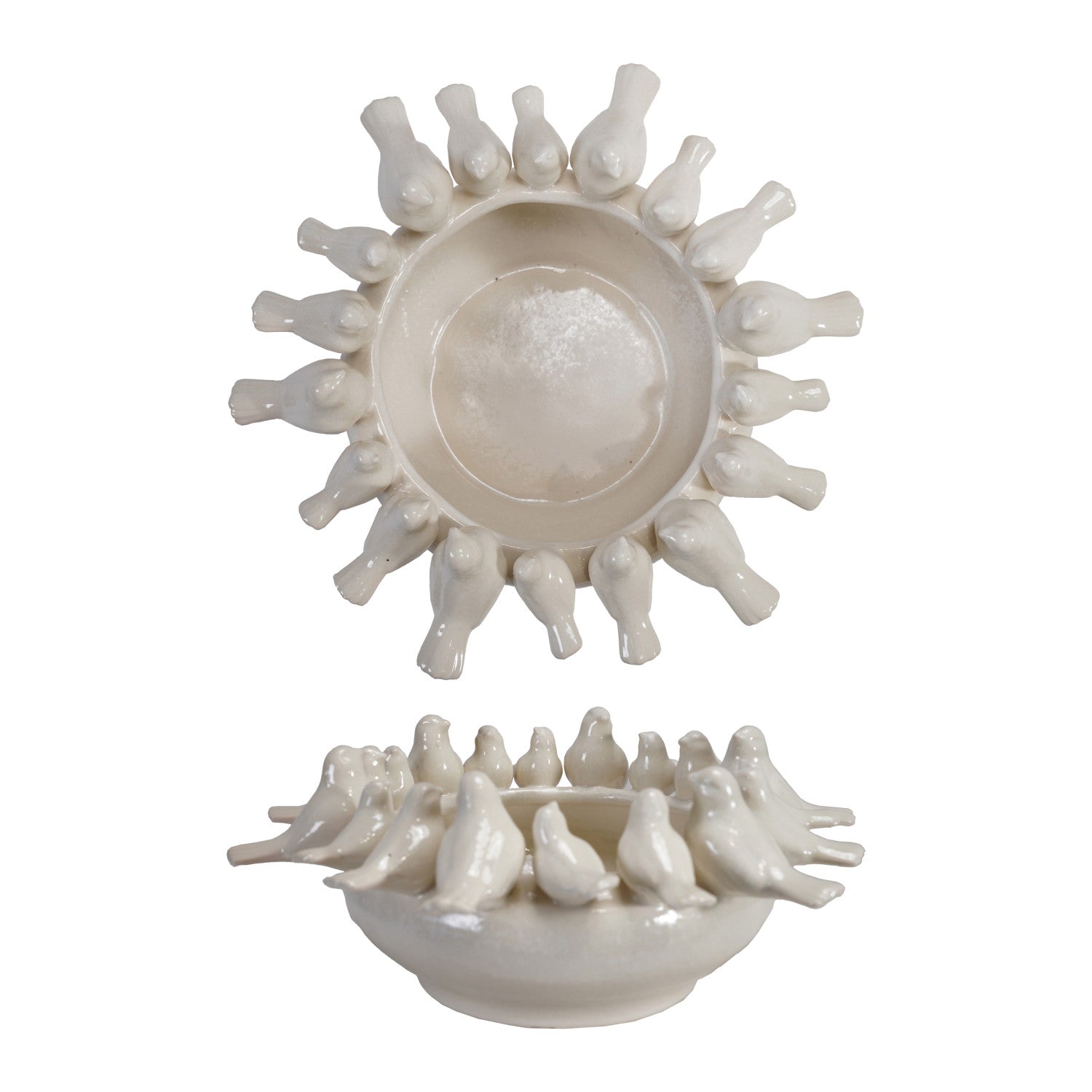 top view and side view of white planter with white birds on rim 