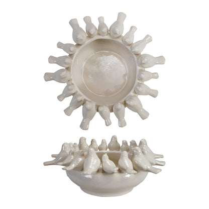 top view and side view of white planter with white birds on rim 