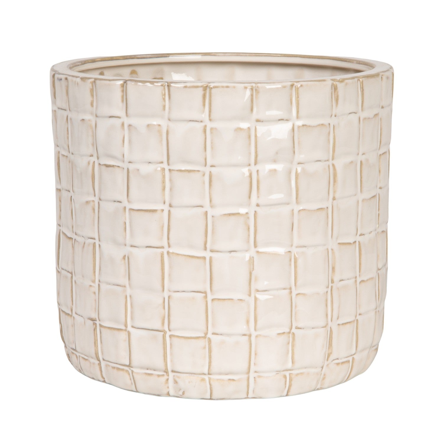 front view of the woven pattern stoneware planter