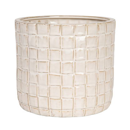 front view of the woven pattern stoneware planter
