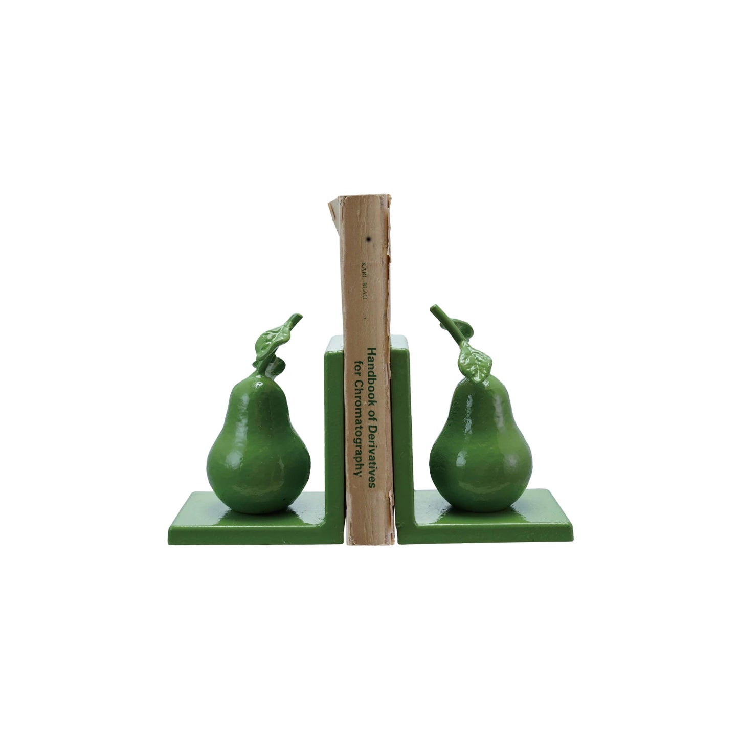 Green pear-shaped bookends with a book in between them on a white background