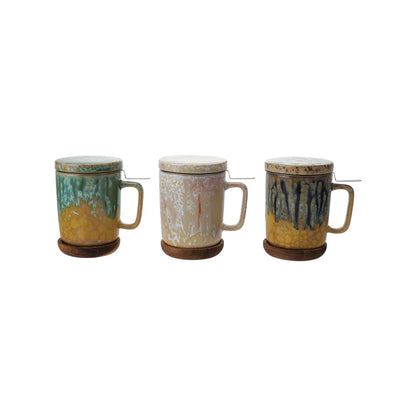 3 assorted mugs with lids, saucers and a strainer