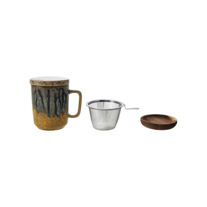 breakdown of the set, featuring the mug, the strainer and the saucer