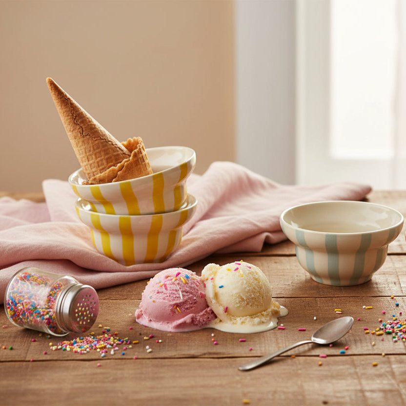 small striped bowls in yellow a mint blue on a wooden table with ice cream and sprinkles scattered about