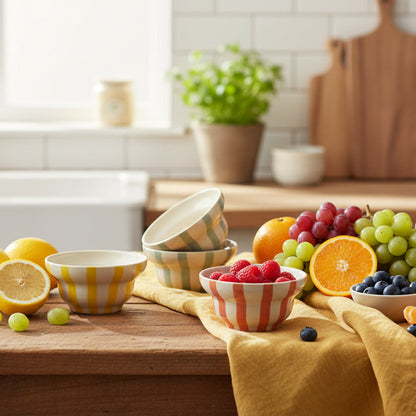 small striped bowls in assorted colors arranged on a kitchen counter with various fruits