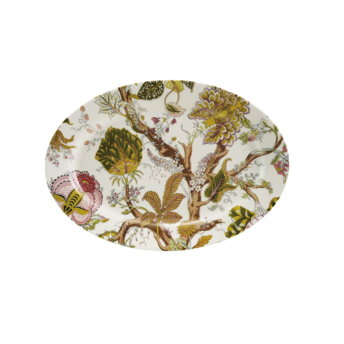 oval platter with vining botanical design in green and brown hues with pale pink accents.