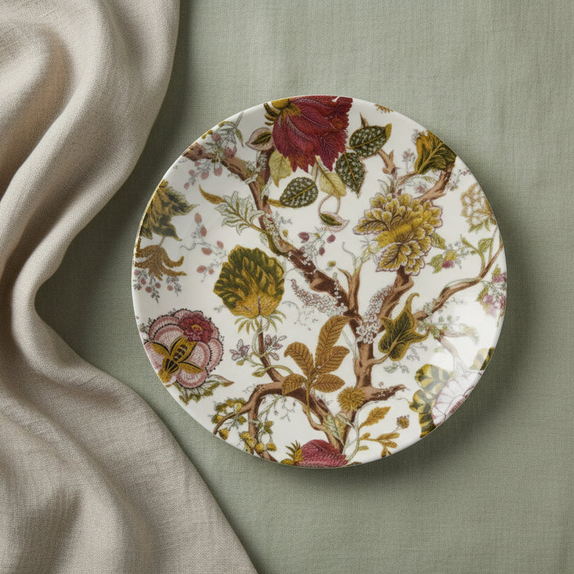 salad plate with floral and branch design shown on a pal green background with a linen napkin