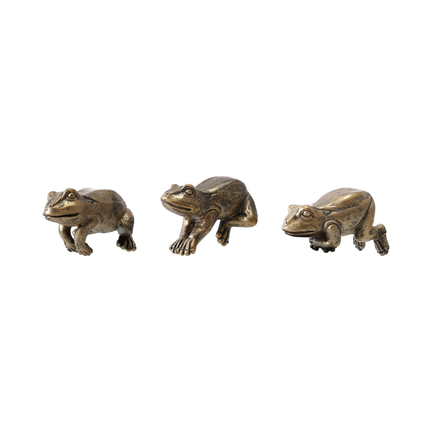 Three frog figurines on a white background