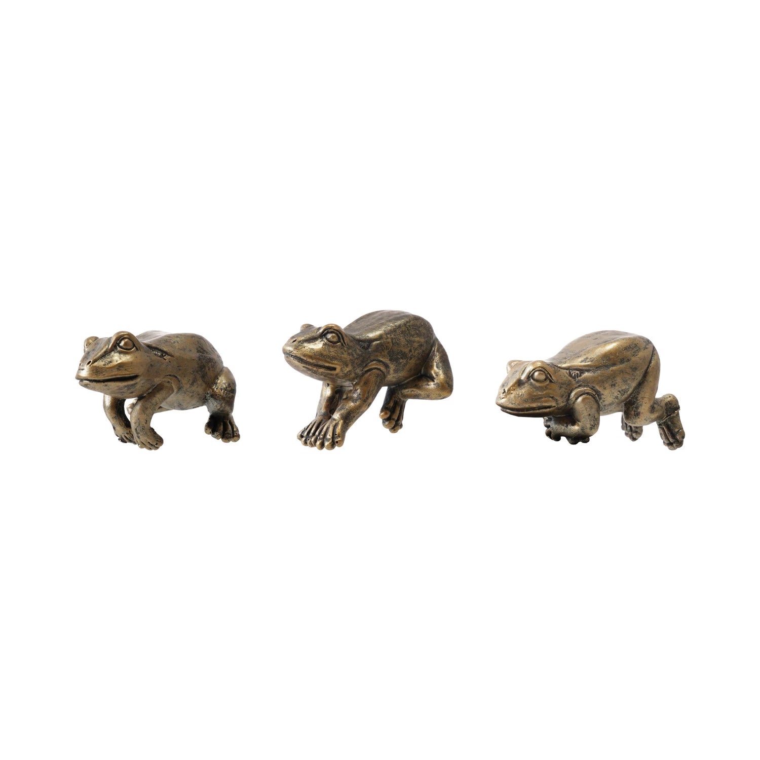 Three frog figurines on a white background