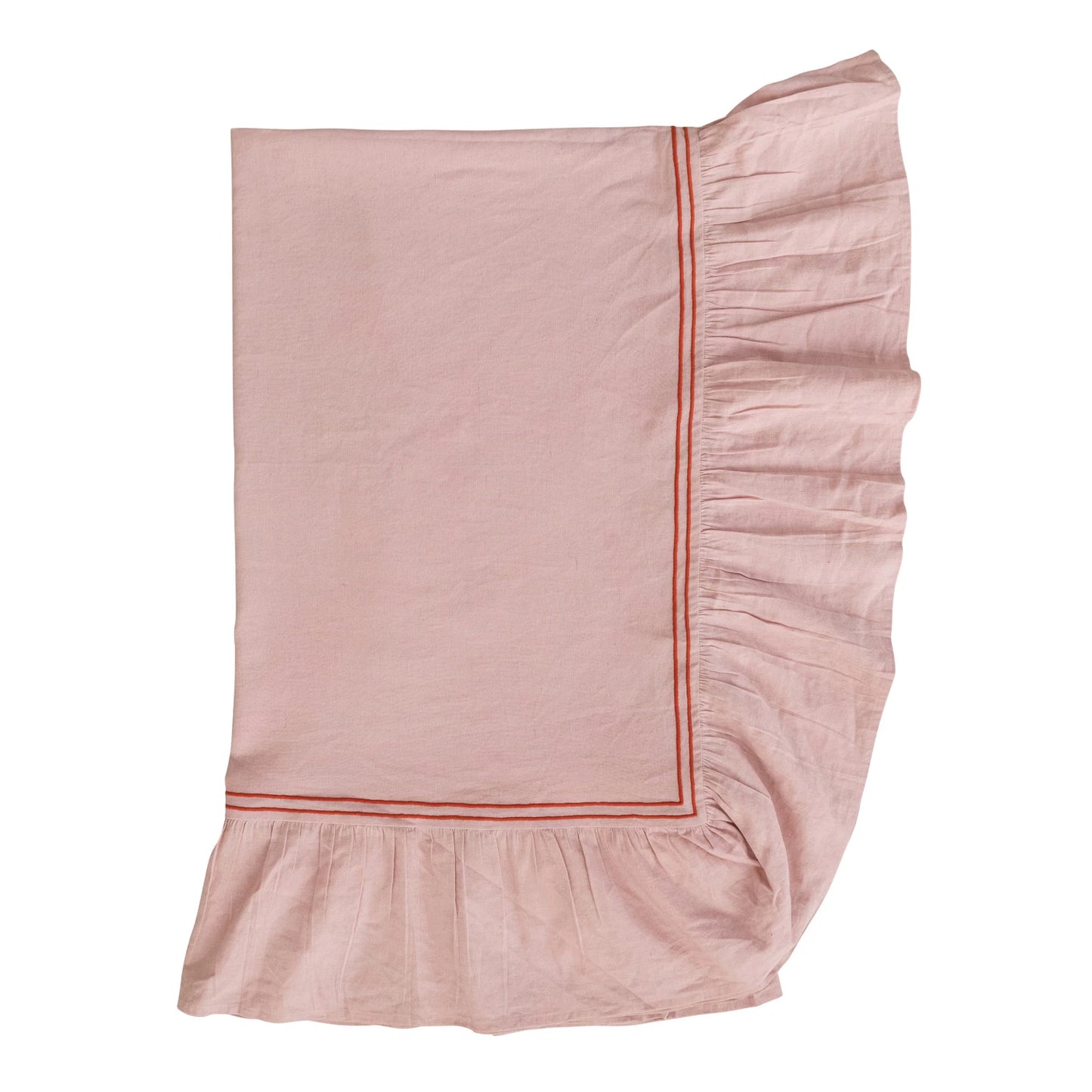 folded Pink ruffled tablecloth with red trim on a white background