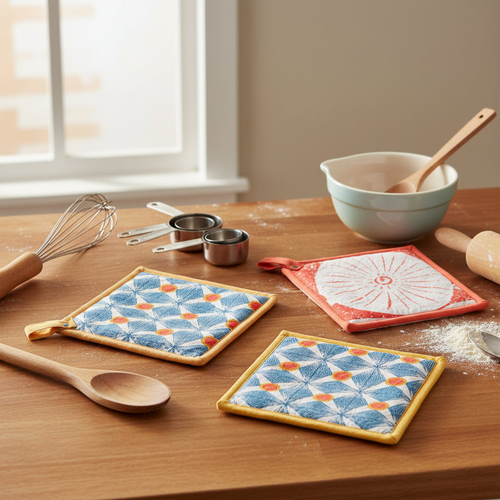 assorted colorful potholders on a wooden surface with baking tools scattered about