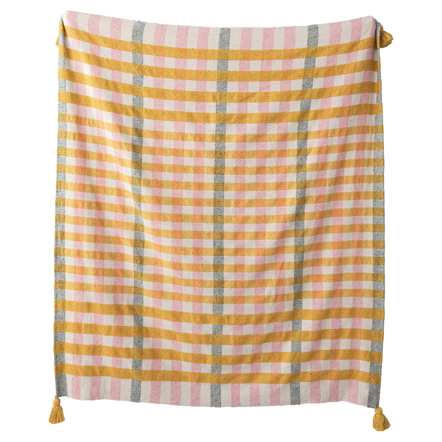 Checkered throw blanket with yellow, pink, and grey stripes on a white background