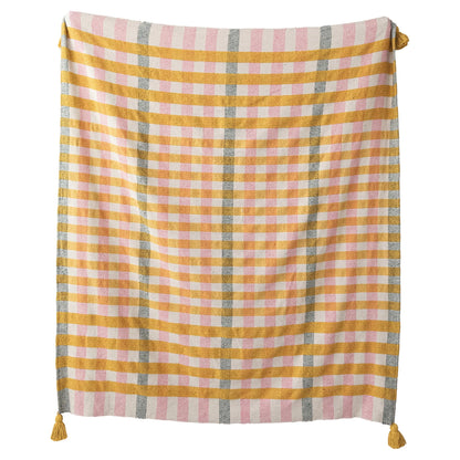 Checkered throw blanket with yellow, pink, and grey stripes on a white background
